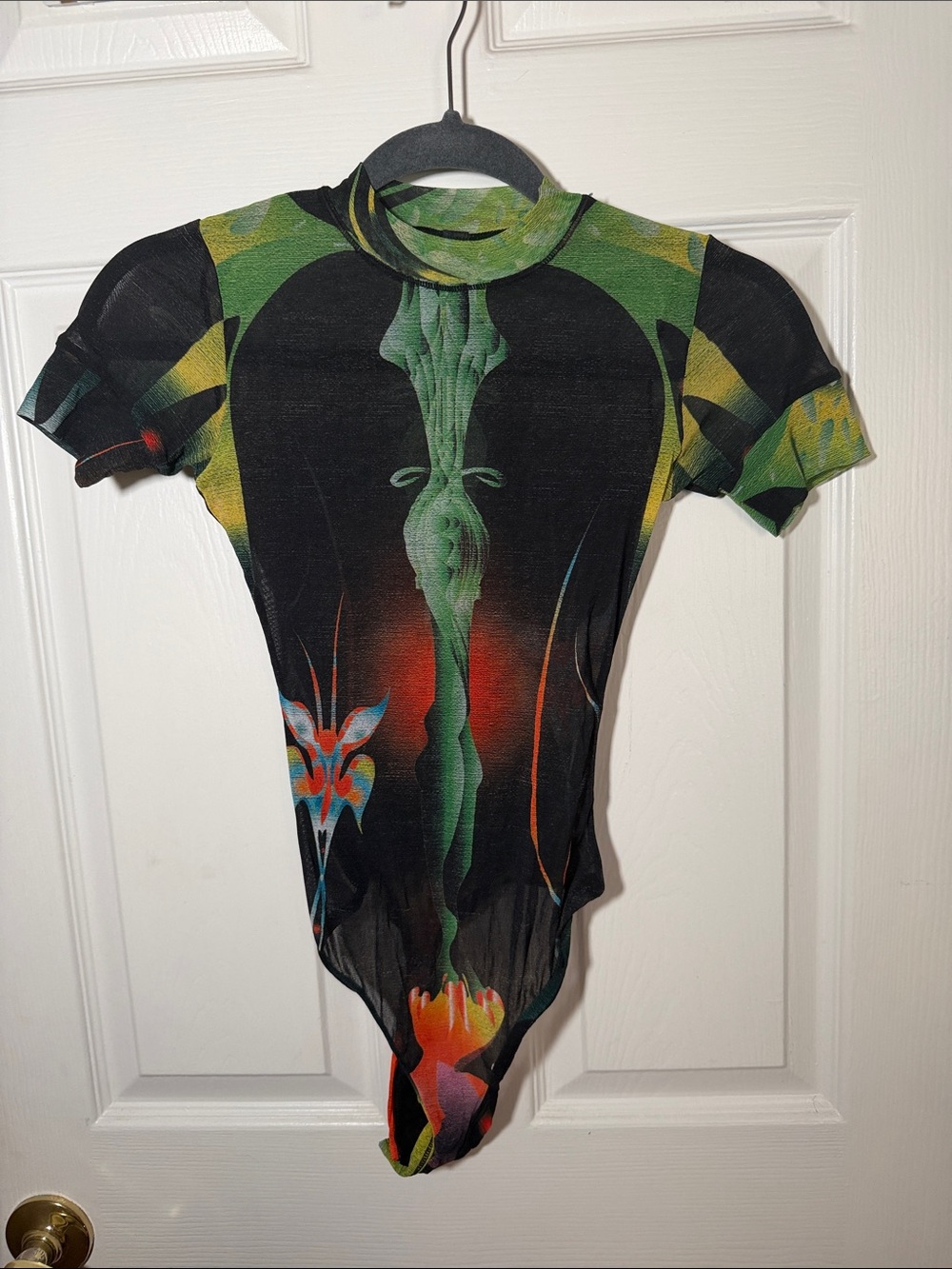 SKIMS Abstract Printed Short Sleeve Bodysuit in Black and Green